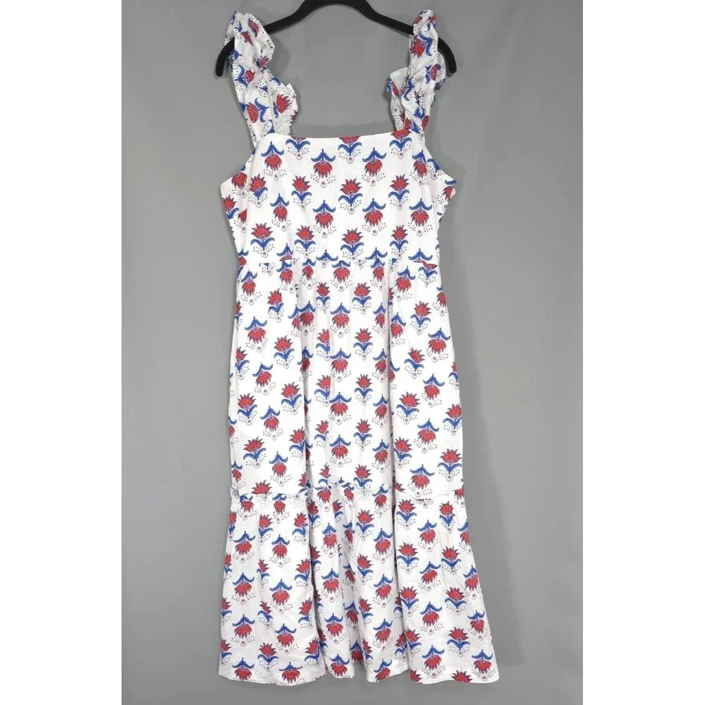 J.CREW‎ Midi Dress Size 14 White Floral Ruffle Sleeve Smocked Cotton Red Blue